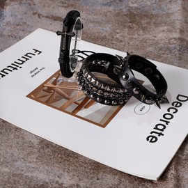 MILAKOO Faux Leather Bracelet for Men Black Crosses Rivets Bracelets Men Punk Rock Bracelet Set, Faux Leather