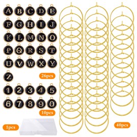 Aylifu 40pcs Golden Wine Glass Charms Rings Drink Marker Identification and 36pcs Round Black Enamel Letter and Number Charms with a Box for Stem Glasses Wine Tasting Party Decoration
