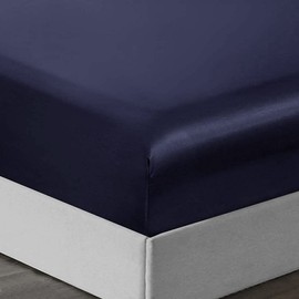 Silky Satin Fitted Sheet Only Classic Luxury Silky Soft Bed Sheets Solid Color (Navy, Double(140x190/200+30cm))
