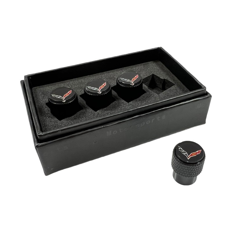 Eurosport Corvette C7 Logo Black Valve Stem Caps - Knurled