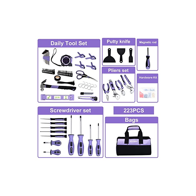 ACOSEA Purple Tool Set,223-Piece Tool Sets for Women,Tool Kit with