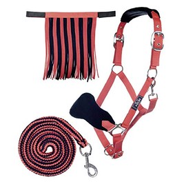 HKM, Horse Halter Set, Lead Rope, Fly Fringe, Knitted, 180 cm, Carabiner, Pony, VB WB, 10733, Red/Dark Blue