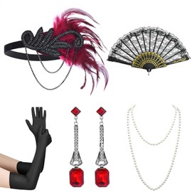 iHUFeather Women 1920s Flapper Set with Feather Headband Beaded Necklaces Earrings Black Gloves for Great Vintage Wedding Costume Accessories