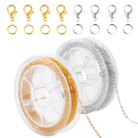 cxxtkcxxlc 2 x 5 m jewellery chain link chain, stainless steel DIY chains for jewellery making, gold and silver jewellery making chain with 40 lobster clasps and 100 opening rings