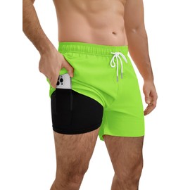 YnimioAOX Men’s Swim Trunks 5 Inch with Compression Liner 2 in 1 Quick Dry Swimming Shorts Bathing Suits with Pockets,Green,L
