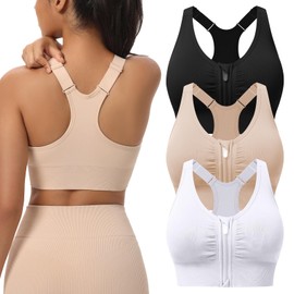 Zip Front Sports Bras for Women Adjustable Racerback Medium Support Bras Padded Post-Surgery Bras Seamless Yoga Athletic Bra