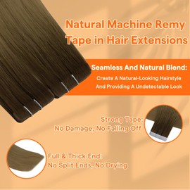 Full Shine Intact Human Hair Extensions Tape in Color R3 Dark Brown to 8 Light Brown 16 Inch Natural Seamless Straight Injected Tape in Hair Extensions Human Hair 10Gram 5Pcs for Party