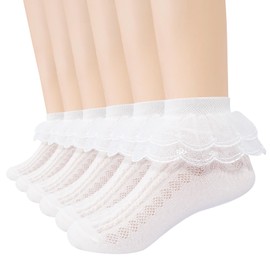 6 Pack Toddler Baby Girls Ruffle Socks White Lace Trim Eyelet Frilly Cute Cotton Dress Ankle Socks for Kids