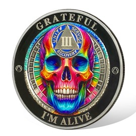 DeDecoml Sobriety Token Rainbow Skull Design with Inspirational Prayer（3 Year）