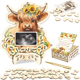 JarThenaAMCS 66Pcs Highland Cow Sunflower Baby Shower Decorations Guest Book Alternative Set Guestbook with 60 Wood Heart Slices Photo Frame Keepsake for Birthday