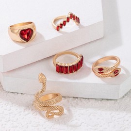 5PCS Gold Rings Set for Women Vintage Snake Knuckle Stackable Rings Bohemian Crystal Heart Finger Rings Red Rhinestone Rings Geometric Cubic Zirconia Crystal Rings Jewelry for Teen Girls Gifts (Red)