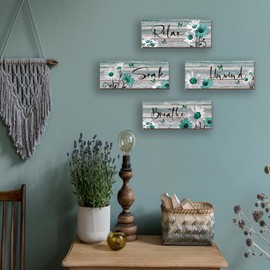 ZINYAZHE 4 Pcs Farmhouse Bathroom Wall Decor Teal Daisy Floral Flowers and Turquoise Butterfly Teal Bathroom Art Relax Soak Unwind Breathe Rustic Wood Plaque for Home Spa Laundry (Teal,10 x 4 Inch)