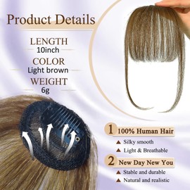 Jijukor Clip In Bangs 100% Human Hair Bangs Wispy Light Brown Clip In Bangs Fringe with Temples Real Human Hair Fake Bangs Extensions for Women Daily Wear