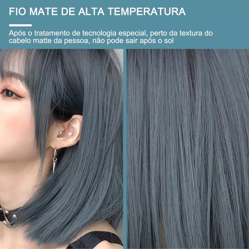 Jorla Peluca Natural Ondulada Verde Azulado Corto Con Flequillo