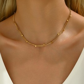 18K Gold Plated Double Layered Square Beaded Chain Choker Necklaces for Women Dainty Layering Thin Snake Chain Necklace Trendy Stainless Steel Jewelry