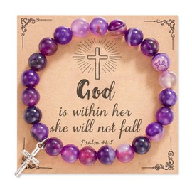 Cupimatch Bead Bracelet Women's Christian Cross: Religious Bracelet for Women Stretch Cross Natural Stone Onyx Beads Catholic Gifts with Card for Girls Teens Women, Stone