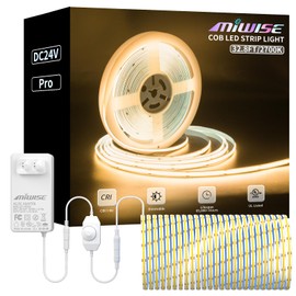 MIWISE COB LED Strip Light 32.8ft/10m,CRI 90+ Warm White 2700K High Lumen Dimmable Super Bright Flexible DC24V LED Tape Light with Controller/Dimmer,for Cabinet Home Office DIY Lighting Projects