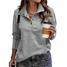 SHEWIN Womens Sweatshirt Casual Long Sleeve Lightweight Sweatshirts Loose Button V Neck Pullover Tops Fall Clothes for Women 2025,US 12-14(L),Grey