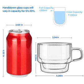 glastal 12 oz Latte Macchiato Glasses, Double-Walled Coffee Glasses, Set of 2, Glass Stackable Coffee Cups, Tea Glasses with Handle for Cappuccino, Tea, Milk, Gifts for Women Friends New Home Gift