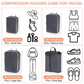 PATIKIL Compression Packing Cubes for Travel, Waterproof Nylon Compression Cubes, Luggage Organiser, Bags, Shoe Bags for Suitcase, Backpack, Grey, Pack of 5