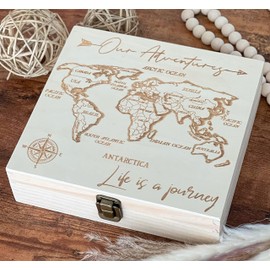 Our Adventures Box, World Explorer Keepsake Box - Elegant Map Design, Perfect for Travel Memories, 8.5x8x2.5in, Durable Wooden Construction, Ideal Gift for Travelers