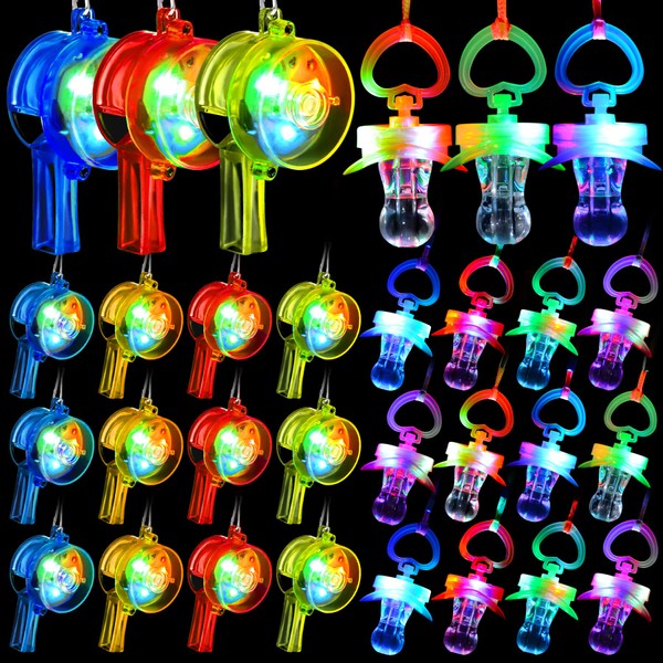 30 Pcs LED Light Up Toys Include 15 Pcs LED Pacifiers Necklace 15 Pcs Glow Whistle with Lanyards Glow In The Dark Party Favors for 4th of July,Birthday Party,Christmas,Halloween,New Year