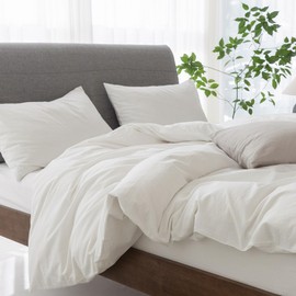 ELIMMO Duvet Cover Set Linen Texture 100% Cotton Fabric Durable Breathable Natural Dreamy Chic Feel (Off White, Queen)