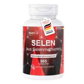 Nutrifair Selenio 200μg, 365 compresse, da selenometionina, 200μg per compressa, ad alto dosaggio, facili da deglutire, 100% vegane, produzione tedesca e test di laboratorio, Premium & Equo