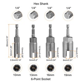 sourcing map 4pcs Hex Nut Driver Drill Bit Set 10mm 13mm 16mm 19mm 6-Points Socket 1/4" Hex Shank Nut Setter CR-V Steel Quick-Change Nut for Power Drills Impact Drivers