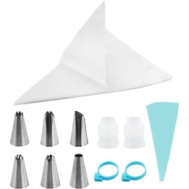 JRSHIRLEYLTD 100 Pieces Disposable Icing Bags Pastry Bags and Nozzles Set Pastry Bags with 1 Reusable Piping Bag, 1 Coupler, 6 Icing Nozzles, 2 Bag Straps