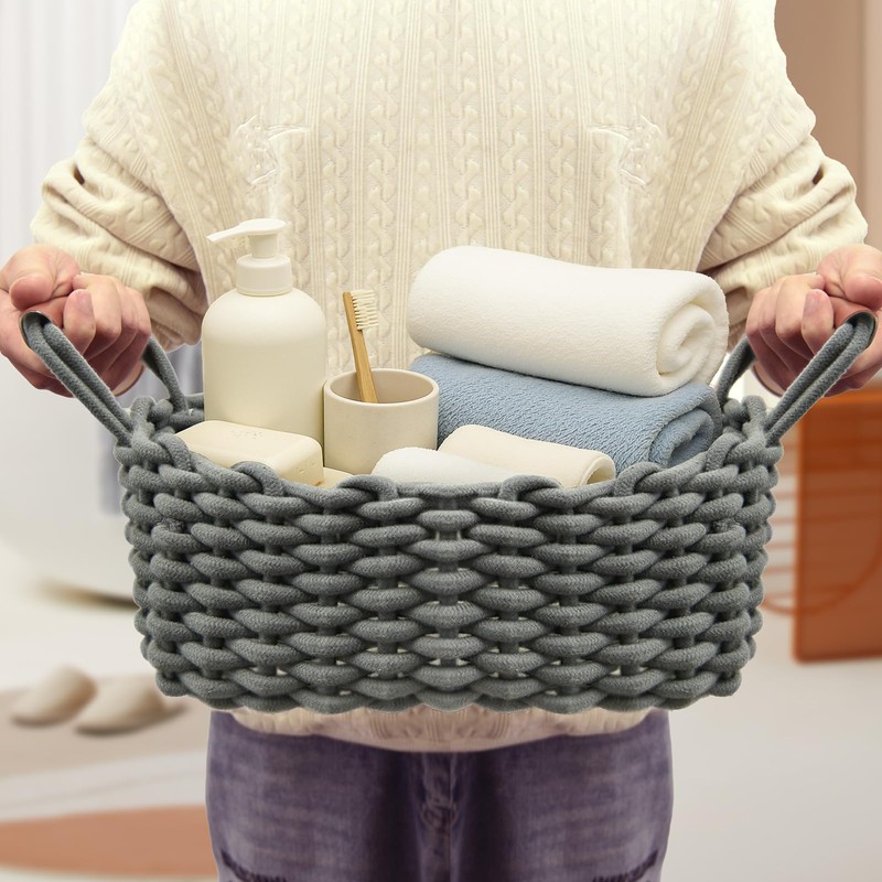 Braided Storage Basket, Washable and Foldable, Basket with Leather Handles,