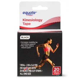Equate Kinesiology Tape, Black, 1 Roll - 2 Inches x 5.4 Yards, 20 Pre-Cut Strips
