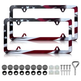 LIN KANG American Flag License Plate Frame Holder - 2 Pack Patriotic Universal Aluminum Matte Stripe US Flag Gloss Car Plate Frame Covers with 4 Holes and Screws Fasteners Caps