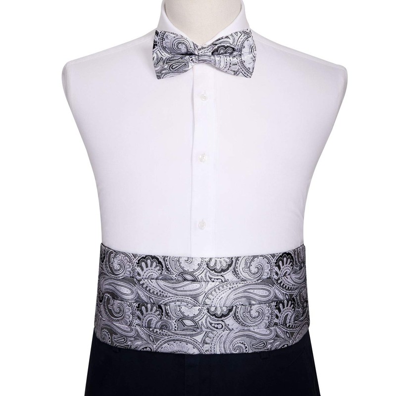 Barry.Wang Mens Silver Cummerbund Bow Tie Set, Silk Cummerbund Pretied