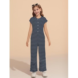 Haloumoning Girls Striped Jumpsuit Kids Summer Cap Sleeve Wide Leg Romper Button Down Outfits 5-14 Years