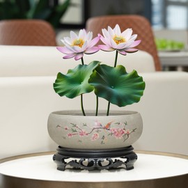 Lotus Bowl Planter - Ceramic Pots for Plants with Stand for Hydroponic Water Lilies & Bonsai Trees, Bonsai Pots Indoor/Outdoor Décor - Zen Garden & Home Art Display (Grey2, Medium)