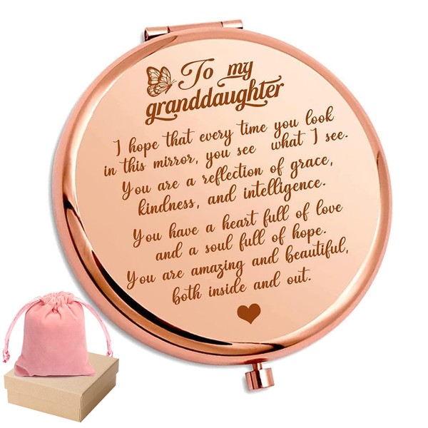 HNLUGF to My Granddaughter - You're Amazing and Beautiful - Pocket Mirror, Granddaughter Engraved Compact Mirror, Family First Granddaughter Mirror Encouragement Gifts from Grandparents (Rose Gold)