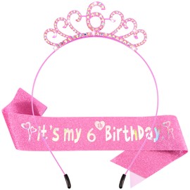 Vovii Birthday Girl Headband with Rhinestone & Sash Set for 6th Birthday Decorations for Girls, Princess Crown Headband for 6 Year Old Girl Outfit Gift Dress