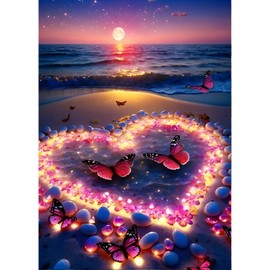 QINRUBB DIY Love Diamond Painting Kits, Full Drill Beach Diamond Art Painting Kits for Adults Beginners, DIY 5D Moonlight Painting by Numbers Heart Diamond Art Kits for Home Decor 12x16inch