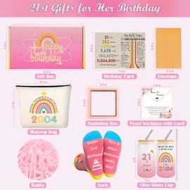 Unipinkart 21st Birthday Gifts for Her, Unique 21 Year Old Birthdays Gift for Women Bestie Sister Niece, Cool Happy 2004 Female Daughter Decorations Presents Basket Idea Glass Cup Sock