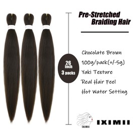 IXIMII Chocolate Brown Braiding Hair Pre Stretched 26 inch 3 packs Color #4 Kanekalon Braiding Hair Prestretched Long Straight Braids Yaki Texture Synthetic Hair Extensions