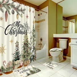 HunnmingRe Set of 4 Black Afro Santa Claus Merry Christmas Shower Curtains Sets with Non Slip Rugs Toilet Lid Cover Bath Mat Black Bathroom Shower Curtain Set with 12 Hooks for Bathroom (Retro)