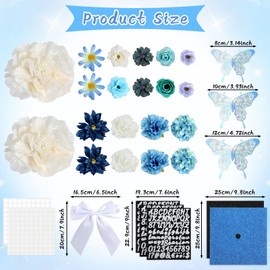 55 Pcs Blue DIY Graduation Cap Decorations Faux Assorted Flowers Blue Bows 3D Butterfly Stickers Glitter Alphabet Letter Number Decals for DIY Hat Grad Cap Topper Graduation Party Supplies