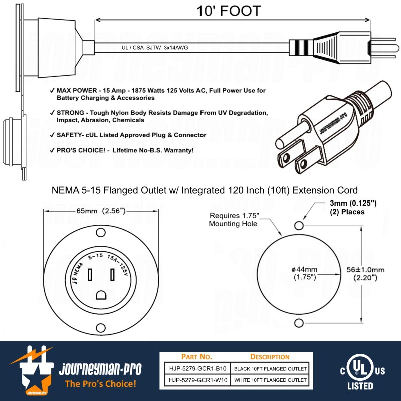 Journeyman-Pro 10 Foot 15 AMP 120V Shed Building Outdoor Power
