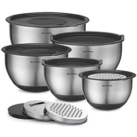 Mixing Bowls with Lids Set - Nesting Bowls with Graters, Handle, Pour Spout, Airtight Lids - Stainless Steel Non-Slip Mixing Bowl for Cooking, Baking, Prepping, Food Storage (Set Of 5)