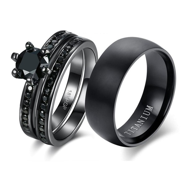 LOVERSRING Couple Ring Bridal Sets His Hers Women 18k Black