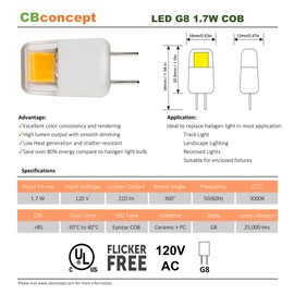 CBconcept UL Listed, G8 LED Light Bulb, 5 Pack, Warm White 3000K, Epistar COB 1.7 Watt, 220 Lumen, NOT Dimmable, 360 degreeBeam Angle, 20W Equivalent, Under Cabinet,Counter Puck Kitchen LightCBconcept