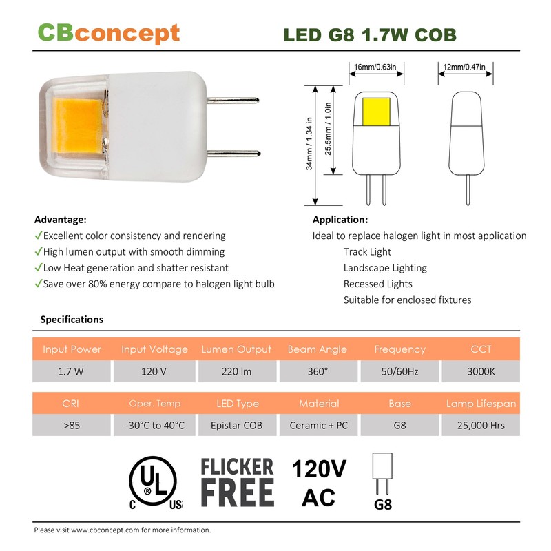 CBconcept UL Listed, G8 LED Light Bulb, 5 Pack, Warm