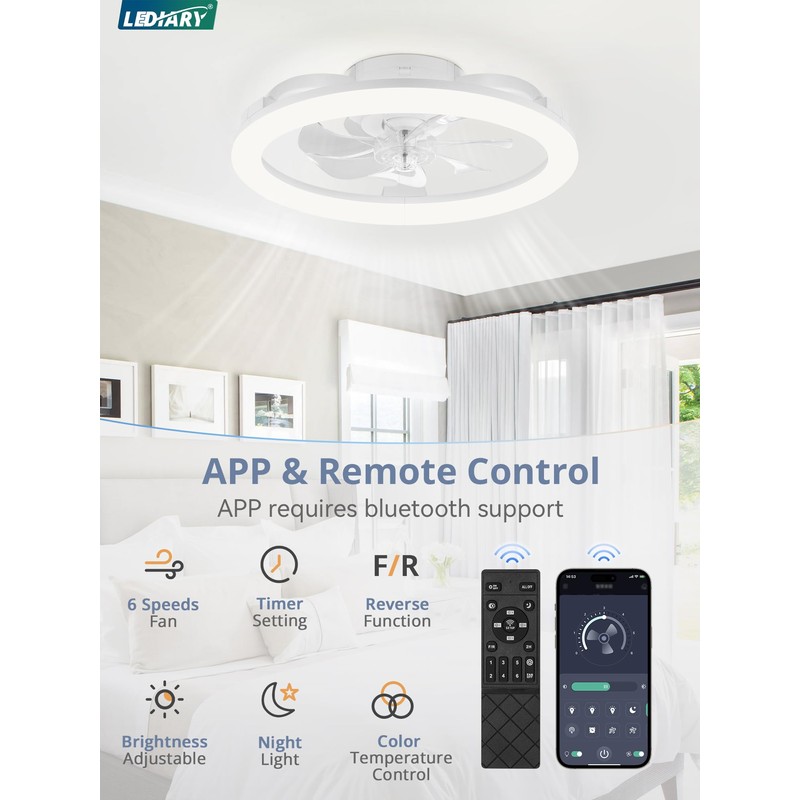 LEDIARY 20 Inch Low Profile Ceiling Fans with Lights and