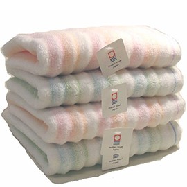 Imabari Towel, Imabari Brand, Striped Pattern, Fluffy Non-twist Face Towels, Set of 4 (2 Pink Stripes, 2 Blue Stripes)
